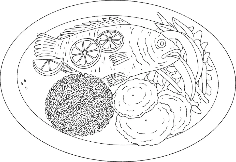 Line sketch: fried fish