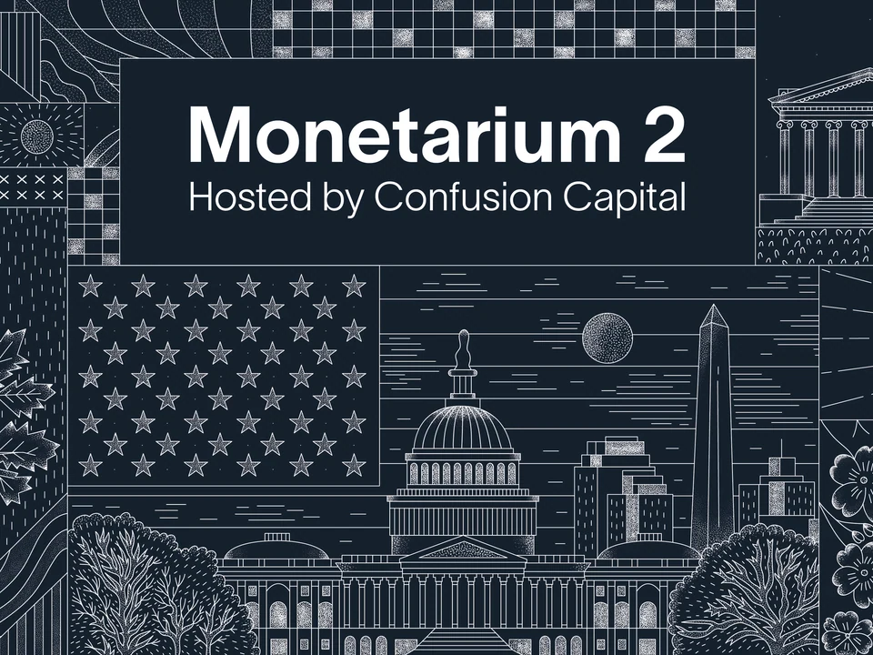 Monetarium 2 key artwork: Washington monuments, stars and modular cubes drawn in white on navy